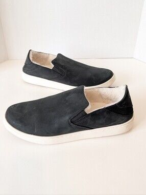 Olukai Pehuea Cozy Black Leather Slippers